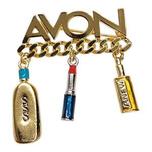 Vintage Avon Logo Brooch Pin Gold Tone Charms Skin So Soft SSS Anew Lipstick